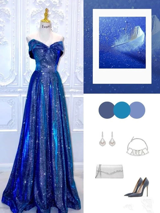 Jolie robe de bal longue à paillettes bleu royal à épaules dénudées et longueur au sol C2859