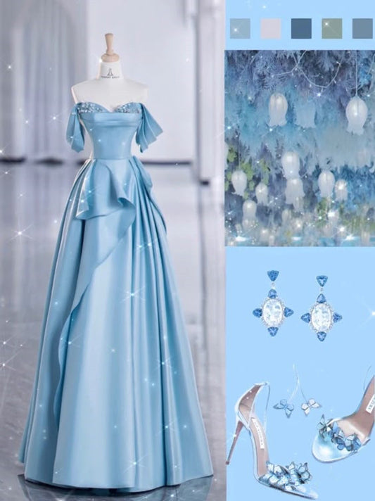 Robe de bal longue en satin bleu clair à épaules dénudées et longueur au sol C2861