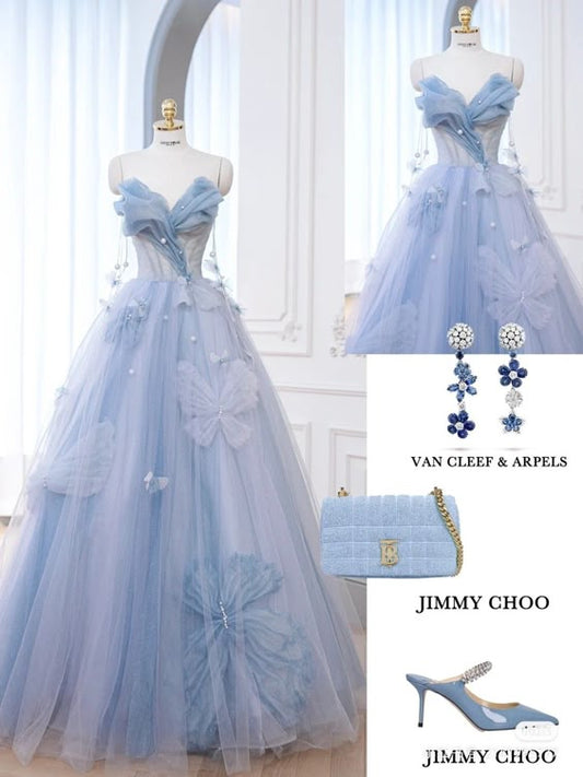 Robe de bal longue en tulle bleu à décolleté en cœur et longueur au sol C2862