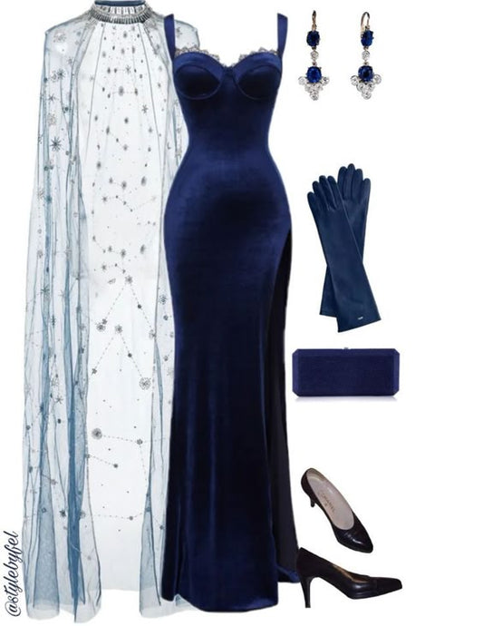 Modest Sheath Straps Navy Blue Velvet Slit Prom Dresses Long Evening Dress C2865