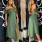 Elegant A line Off The Shoulder Green Slit Satin Prom Dresses Long Evening Dress C2870