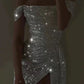 Elegant Sheath Off The Shoulder White Slit Sequin Prom Dresses Long Evening Dress C2872