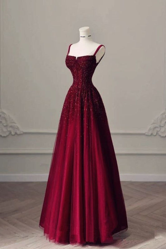 Robe de soirée longue élégante à bretelles spaghetti en paillettes bordeaux avec perles C2881