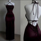 Elegant Sheath Halter Sleeveless Burgundy Satin Backless Prom Dresses Long Evening Dress C2882