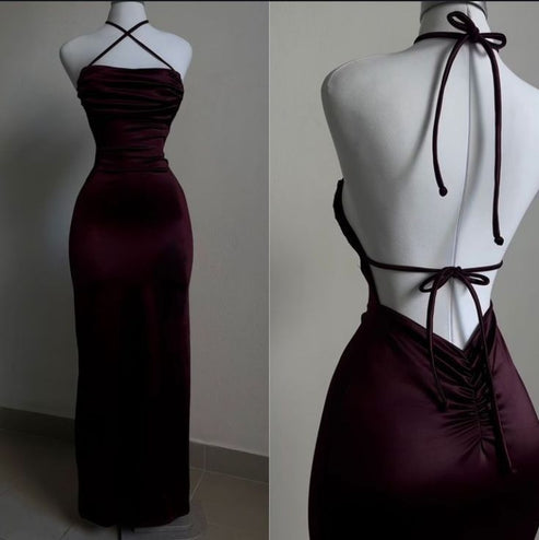 Sleeveless Halter Floor-length Lace Dress Burgundy main image 0
