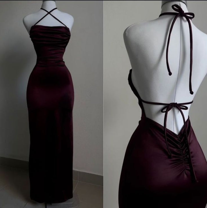 Elegant Burgundy Strapless Prom Dress Sheath High Slit Ruffled Evening Gown DP7097