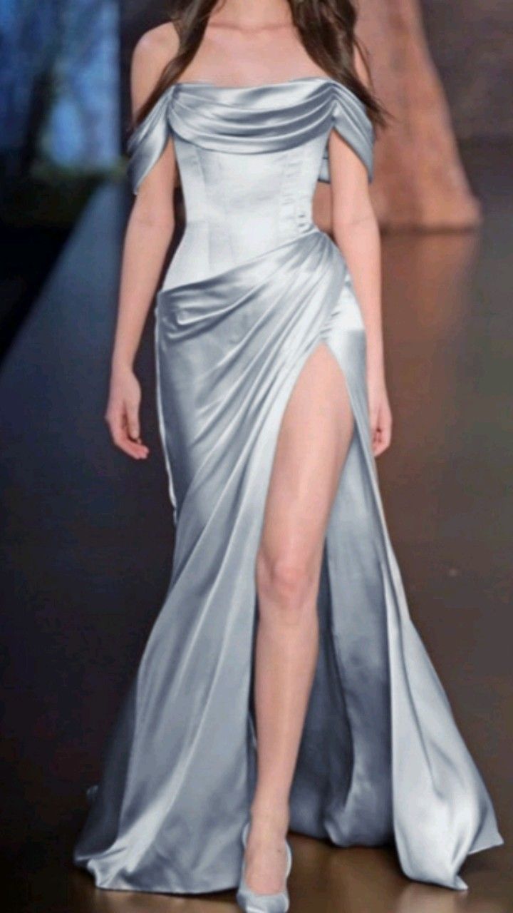 Pretty A line Off The Shoulder Light Blue Satin Prom Dresses With Ruffle Long Evening Dress C2905