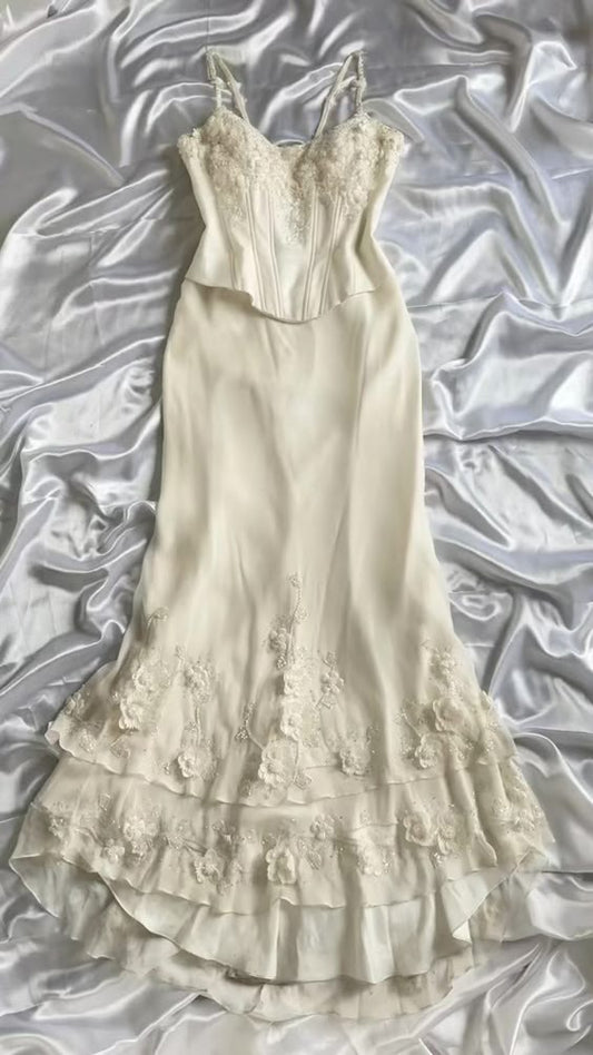 Robe de soirée longue en satin et dentelle, jolie robe sirène à bretelles spaghetti, C2924
