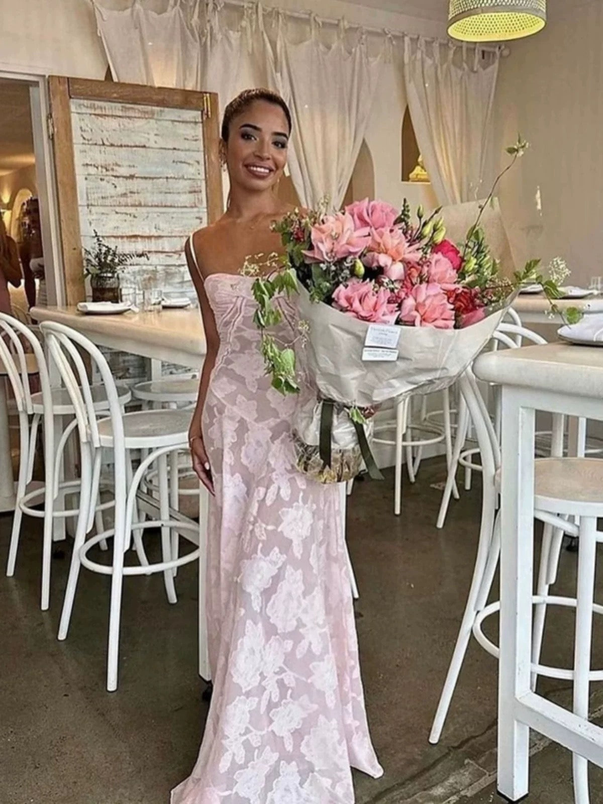 Pretty Mermaid Spaghetti Straps Light Pink Lace Prom Dresses Long Evening Dress C2926