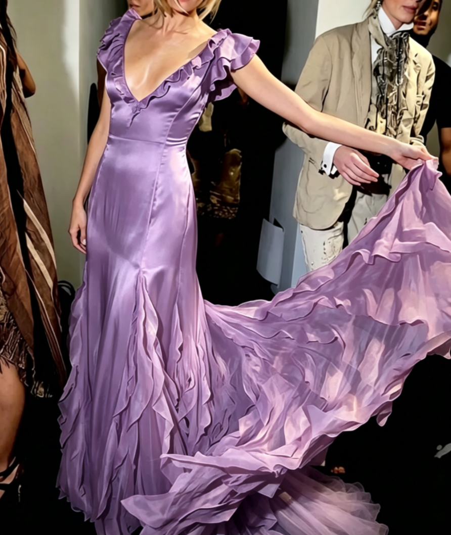 Robe de soirée longue en mousseline de soie avec décolleté en V et jolie sirène C2939