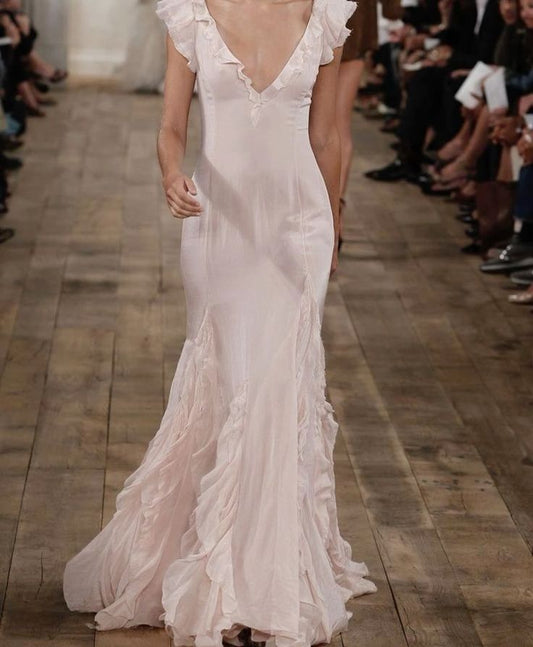 Pretty Mermaid V neckline Long Chiffon Prom Dresses Evening Dress C2939