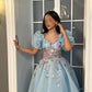 Pretty Ball Gown Sweetheart Short Puffy Sleeves Light Sky Blue Prom Dresses Long Evening Dress C2953