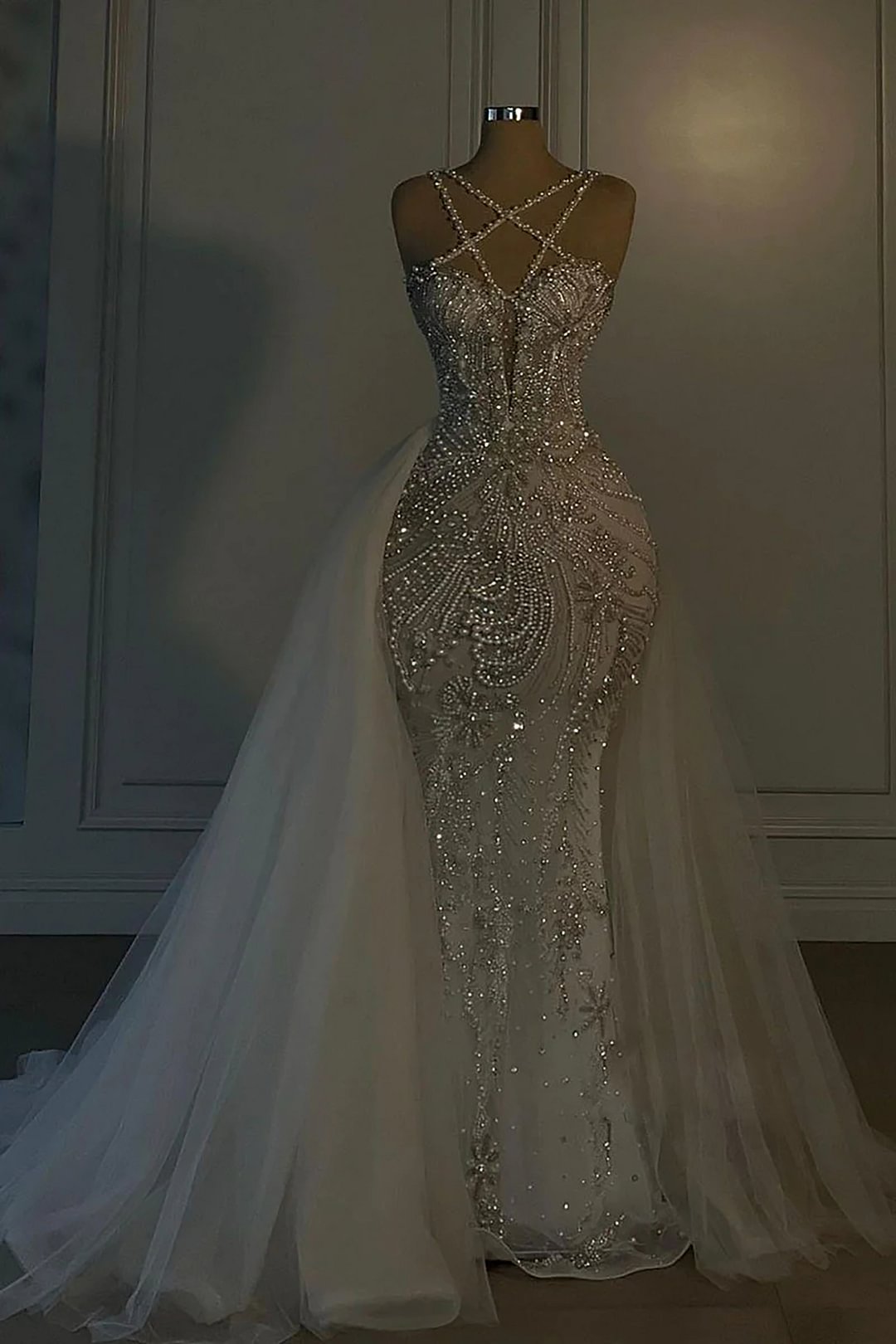 Romantic Wedding Dress Long Mermaid V Neck Spaghetti Strap With Beadings C297