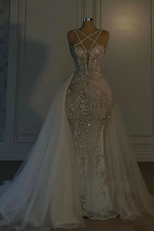Romantic Wedding Dress Long Mermaid V Neck Spaghetti Strap With Beadings C297
