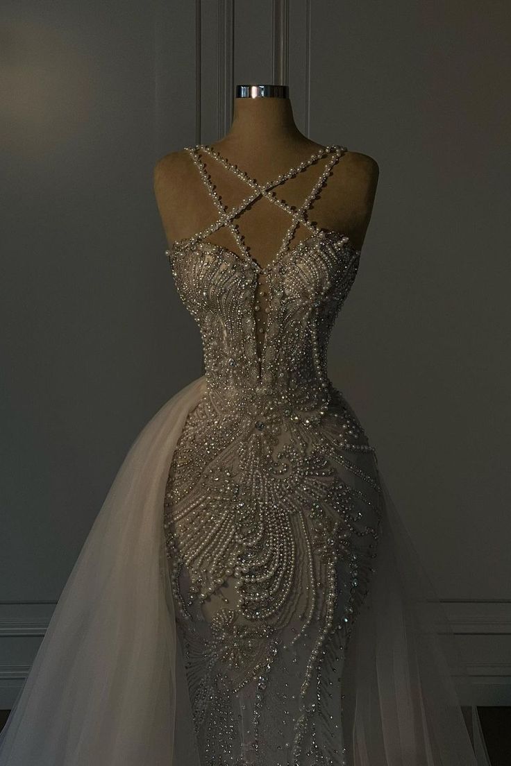 Romantic Wedding Dress Long Mermaid V Neck Spaghetti Strap With Beadings C297