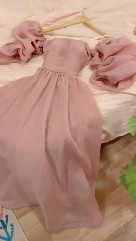 Simple A Line Strapless Short Sleeves Pink Organza Prom Dresses Long Evening Dress C2974