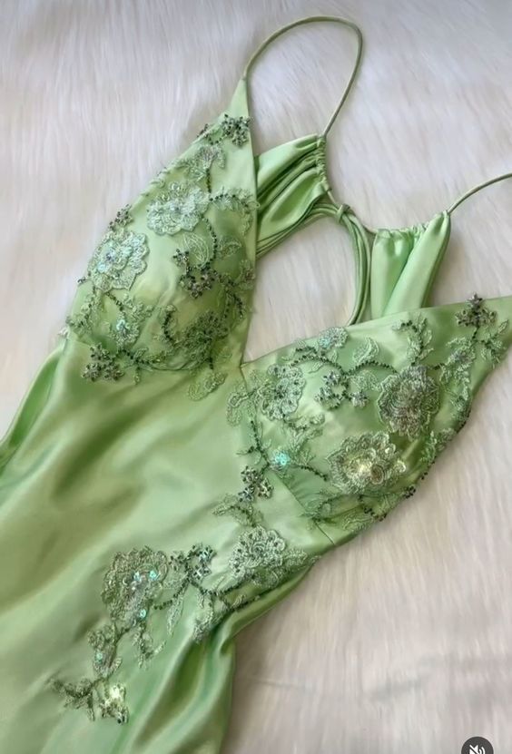 Gorgeous A Line Spaghetti Straps Mint Green Long Lace Prom Dresses Evening Dress C2979