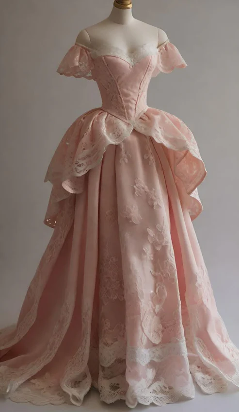 Superbe robe de bal à épaules dénudées en satin rose et dentelle longue robe de soirée C2980