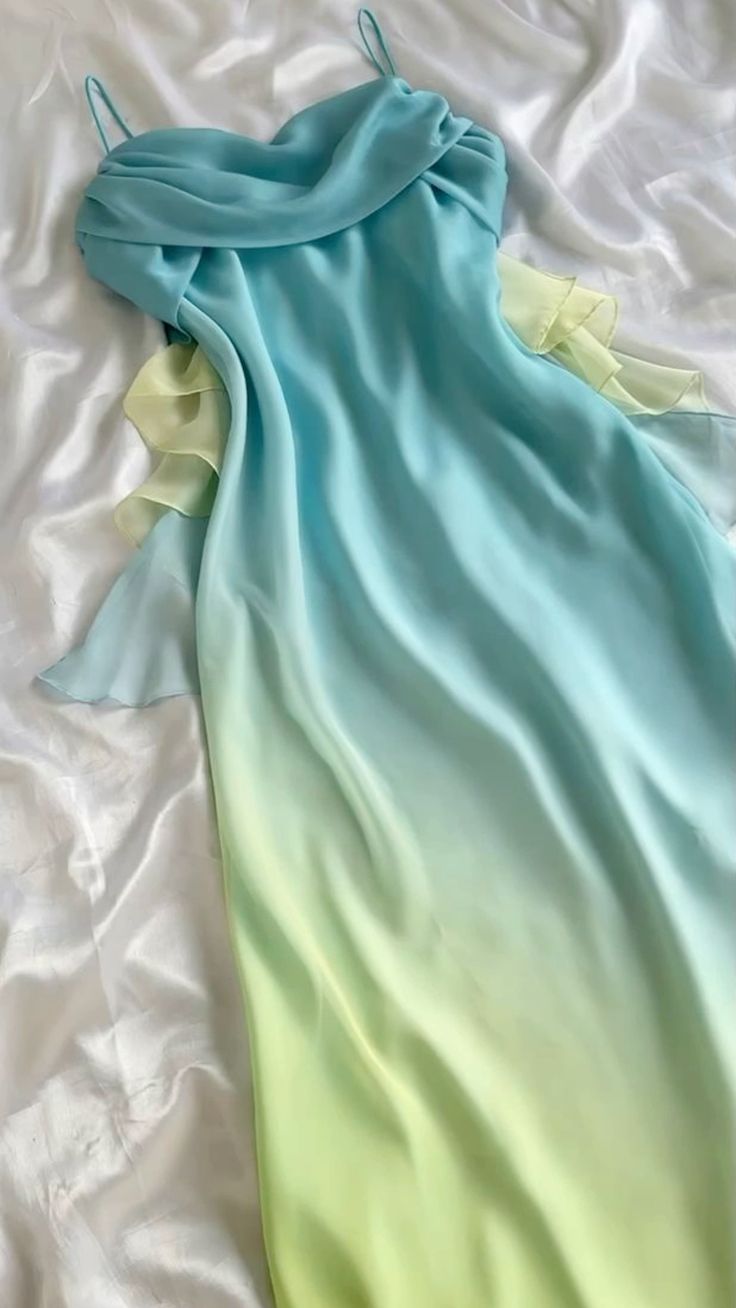 Gorgeous Sheath Spaghetti Straps Ombre Blue Long Chiffon Prom Dresses Evening Dress C2981