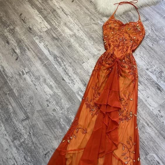 Gorgeous Mermaid Halter Orange Long Tulle Prom Dresses Beads Evening Dress C2992