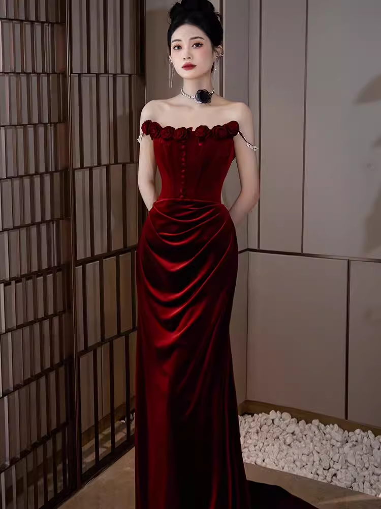 Vintage Mermaid Burgundy Velvet Long Prom Dresses C29