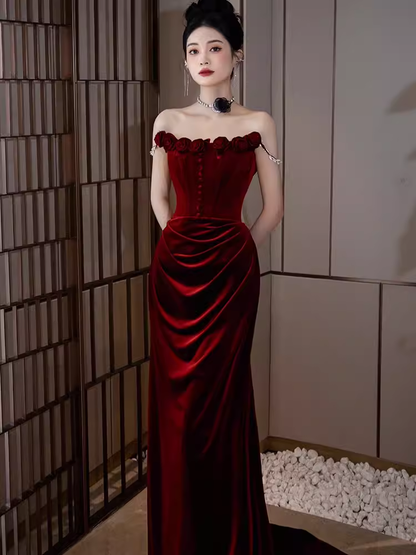 Vintage Mermaid Burgundy Velvet Long Prom Dresses C29