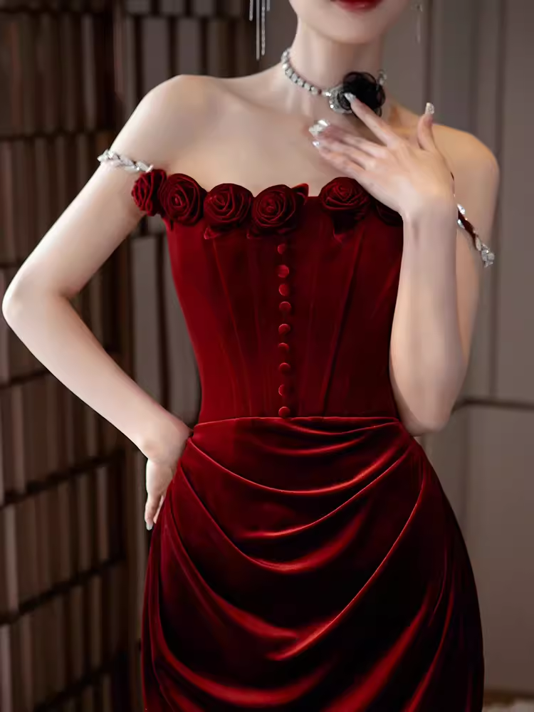 Vintage Mermaid Burgundy Velvet Long Prom Dresses C29