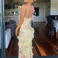 Elegant Mermaid Spaghetti Straps Yellow Chiffon Long Lace Prom Dresses Evening Dress C3015