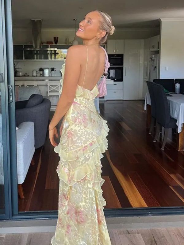 Elegant Mermaid Spaghetti Straps Yellow Chiffon Long Lace Prom Dresses Evening Dress C3015