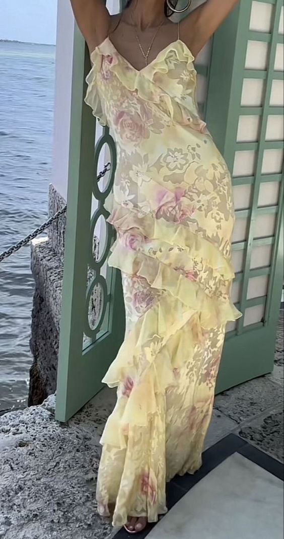 Elegant Mermaid Spaghetti Straps Yellow Chiffon Long Lace Prom Dresses Evening Dress C3015