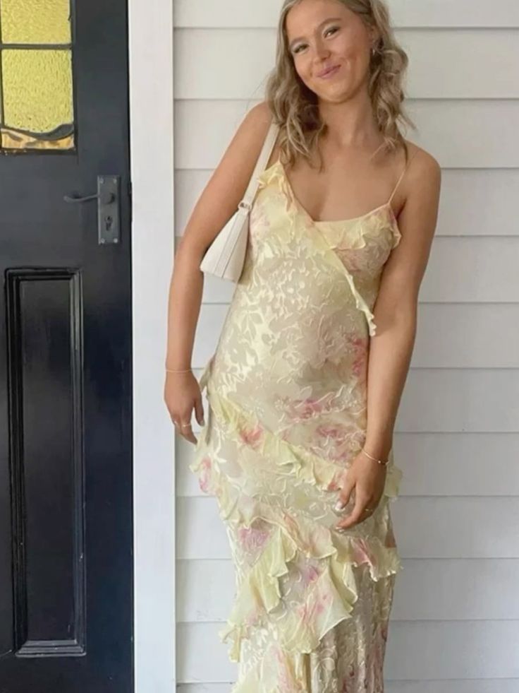 Elegant Mermaid Spaghetti Straps Yellow Chiffon Long Lace Prom Dresses Evening Dress C3015