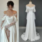 Robe de mariée en dentelle, épaules dénudées, grande taille, ligne A, manches longues, froncée, en Satin, fente haute, sur mesure, C304