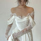 Robe de mariée en dentelle, épaules dénudées, grande taille, ligne A, manches longues, froncée, en Satin, fente haute, sur mesure, C304