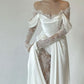 Robe de mariée en dentelle, épaules dénudées, grande taille, ligne A, manches longues, froncée, en Satin, fente haute, sur mesure, C304