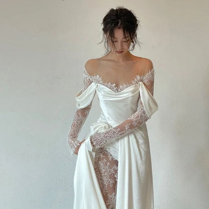 Robe de mariée en dentelle, épaules dénudées, grande taille, ligne A, manches longues, froncée, en Satin, fente haute, sur mesure, C304