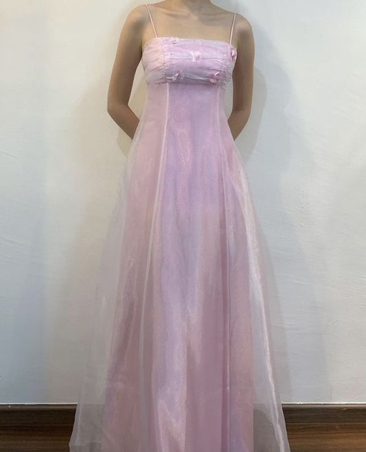Robe de soirée vintage à bretelles spaghetti en tulle rose des années 90 C3041