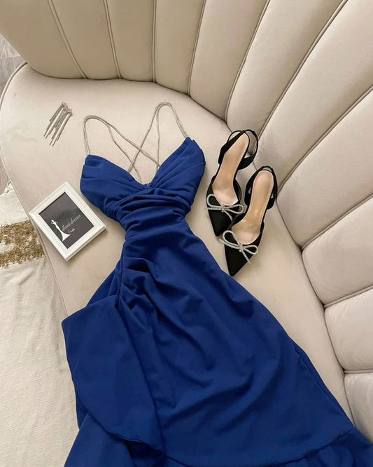 Robe de soirée longue vintage à bretelles spaghetti bleu royal, ligne A, C3045