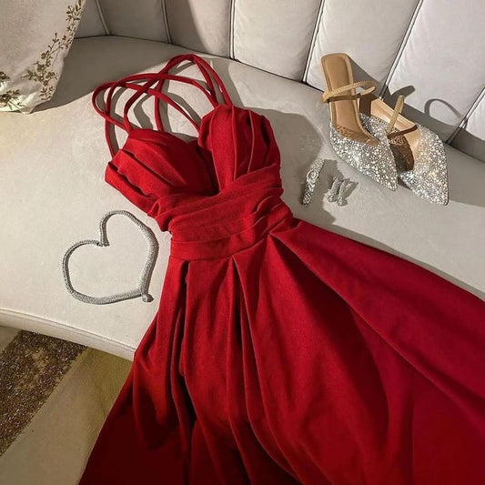 Superbe robe de bal rouge à bretelles spaghetti et ligne A, longueur genou, robe d'invitée de mariage C3046