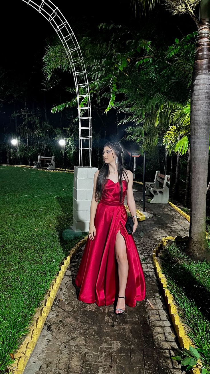 Modest A Line Sweetheart Red Satin Long Slit Prom Dresses Evening Dress C3053
