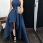 Vintage High Low Halter Navy Blue Satin Prom Dresses Evening Gowns C3064