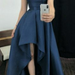 Vintage High Low Halter Navy Blue Satin Prom Dresses Evening Gowns C3064