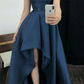 Vintage High Low Halter Navy Blue Satin Prom Dresses Evening Gowns C3064