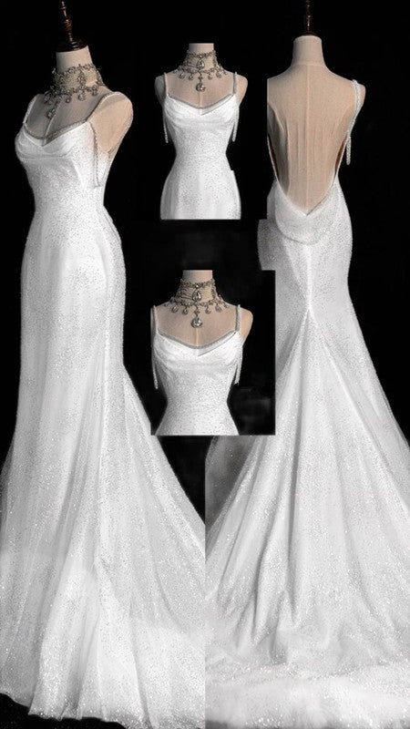 Fairytale Mermaid Wedding Dresses Glittering Straps Backless Wedding Dress C307