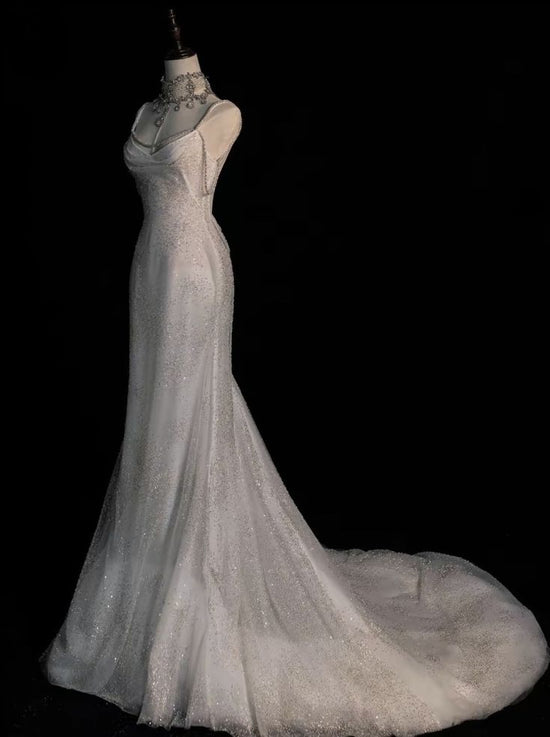 Fairytale Mermaid Halter Sleeveless Wedding Dresses Glittering Straps Pearls Wedding Dress C3555