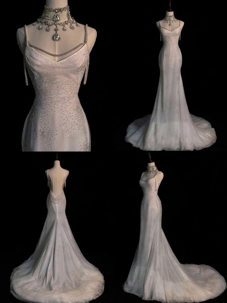 Fairytale Mermaid Spaghetti Straps Wedding Dresses Glittering Straps Backless Wedding Dress C3535