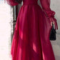 Robe de soirée longue en tulle rose vif à manches longues et décolleté en V modeste C3078