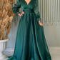 Robe de soirée longue en tulle rose vif à manches longues et décolleté en V modeste C3078