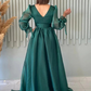 Robe de soirée longue en tulle rose vif à manches longues et décolleté en V modeste C3078