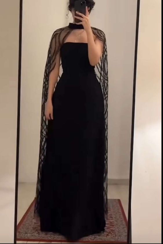 Vintage A Line Strapless Black Tulle Long Prom Dresses With Cape Evening Dress C3079