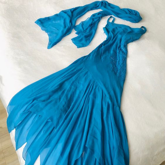 Robe de soirée longue en mousseline de soie bleue à bretelles spaghetti et sirène vintage C3090